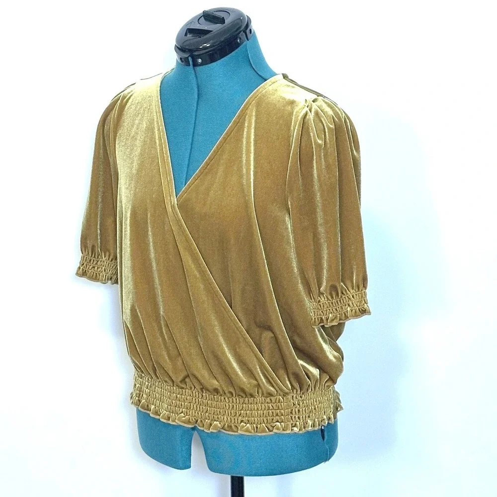 Madewell Shirt Womens Medium Gold Velvet Wrap Puff Sleeve‎ Smocked Hem Top
